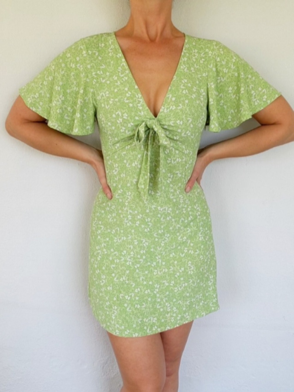 ZARA green white floral tie front v-neck short sleeve mini dress size XS